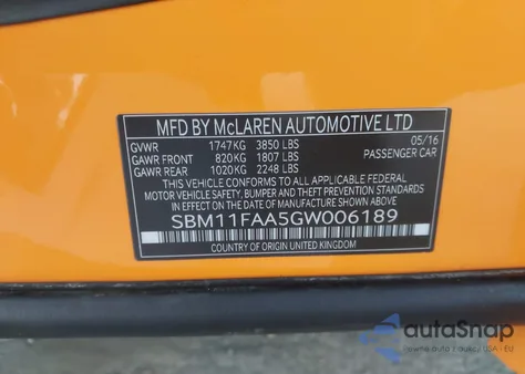2016 Mclaren 650S z USA, uszkodzony, nr VIN SBM11FAA5GW006189